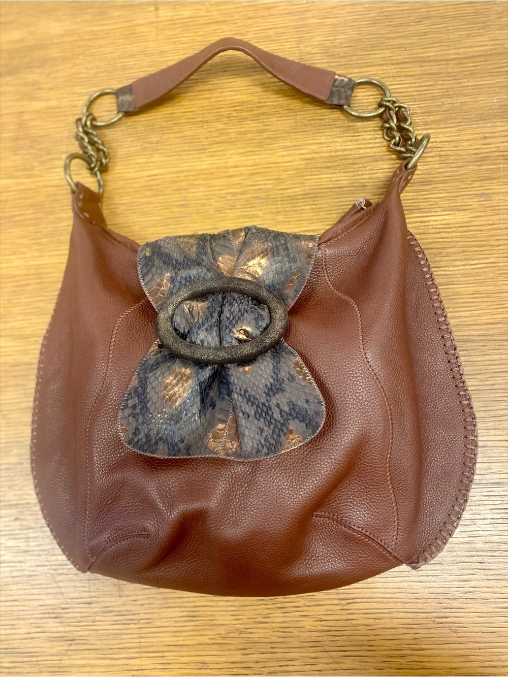 Chi by Falchi Brown Leather Pebbled Hobo Bag with Snakeskin Accent